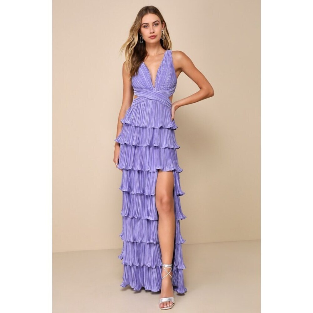 Lulus Beauty Icon Lavender Satin Pleated Tiered Lace-up Maxi Dress Purple